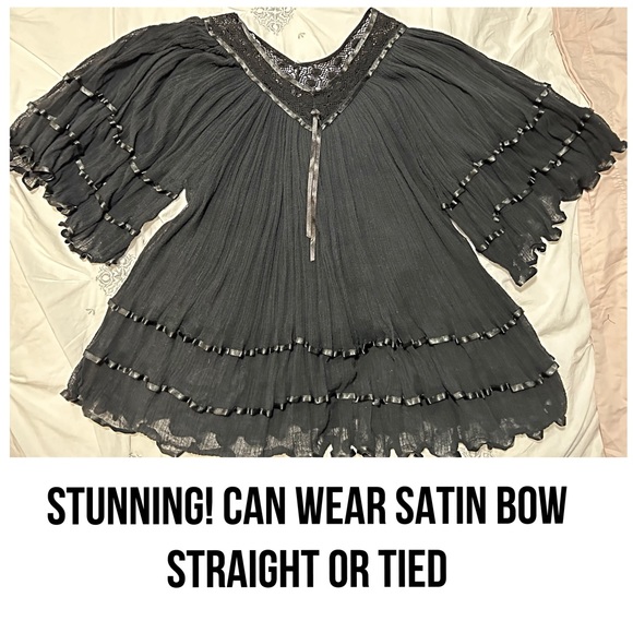 NWOT Elan Anthropology, Black Mesh, Ribbon Detail Semi Sheer Boho Top / Cover Up - Picture 5 of 10